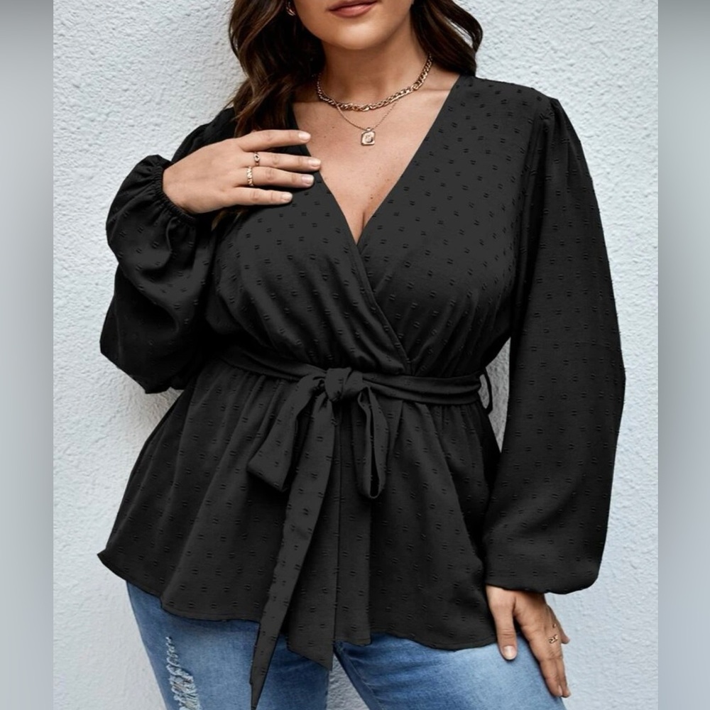 NWT Black Swiss Dot Surplus Neck Belted Blouse 1X